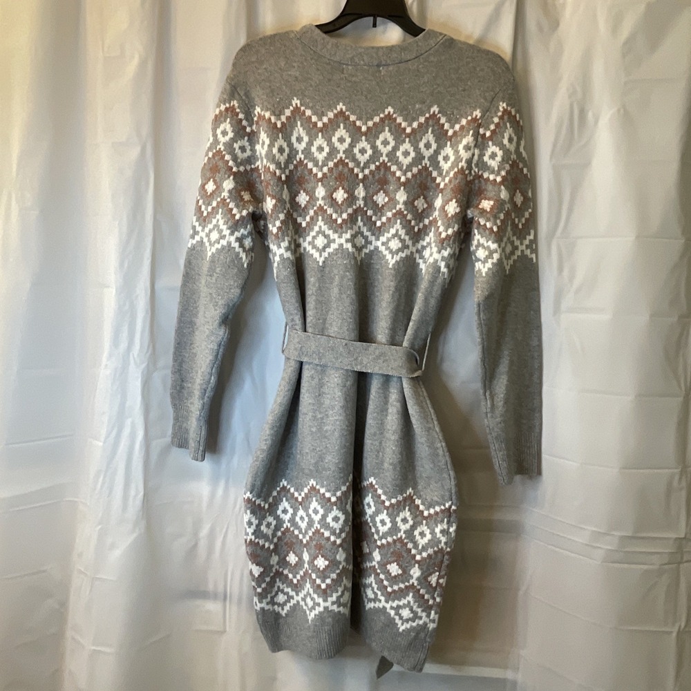 Lucky Brand Dress Women Large‎ Gray Pink Fair Isle Nordic Sweater Knit Tie Boho - Picture 9 of 13